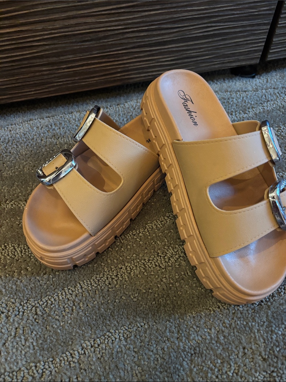 SHEIN Tan Platform Slide Sandals with Silver Buckles